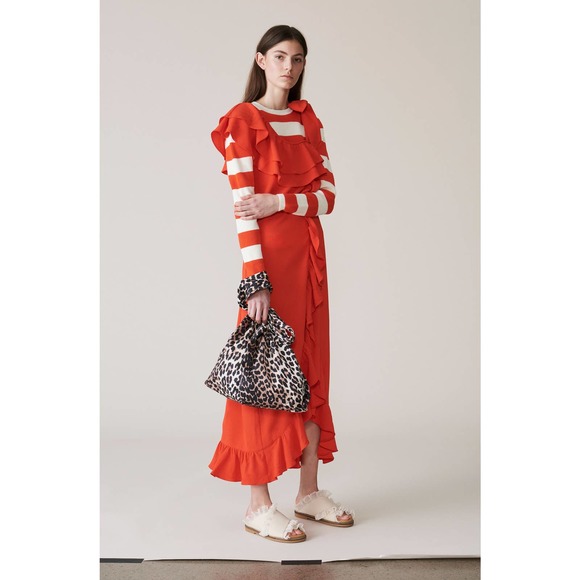 GANNI Clark Rare Ruffle Crepe Maxi Dress in Big Apple Red - Picture 7 of 12